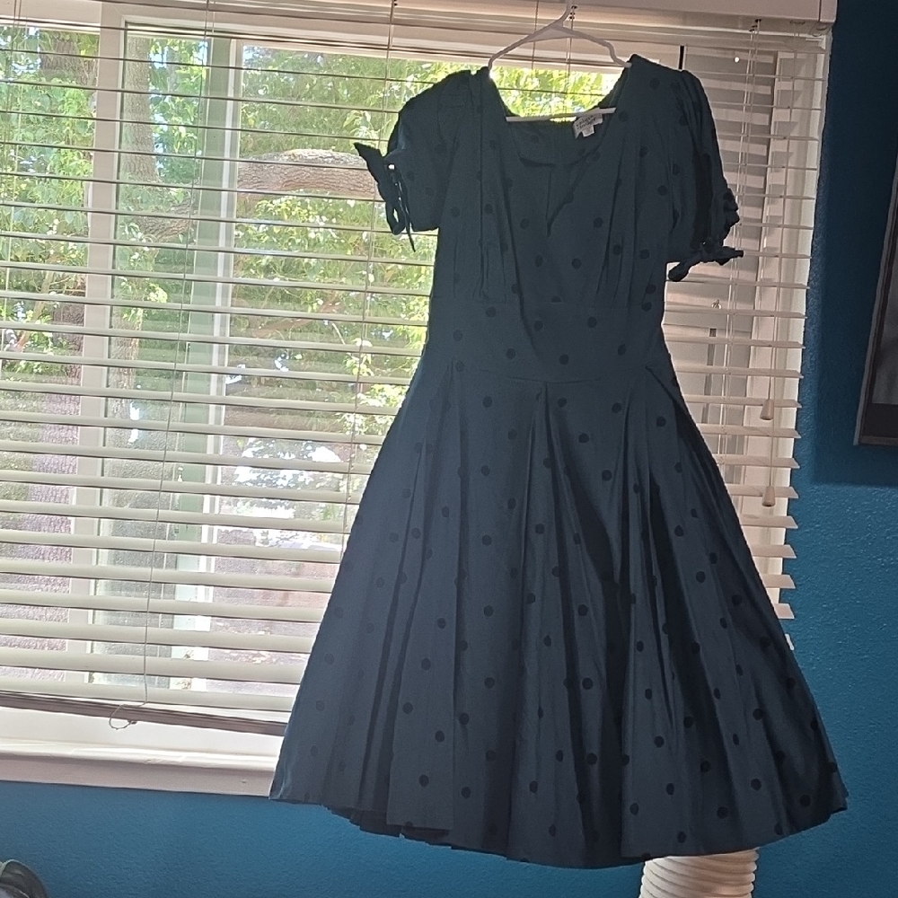 Unique Vintage Navy Polka Dot Midi Dress